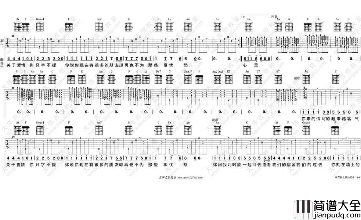 睡在我上铺的兄弟吉他谱_C调_老狼