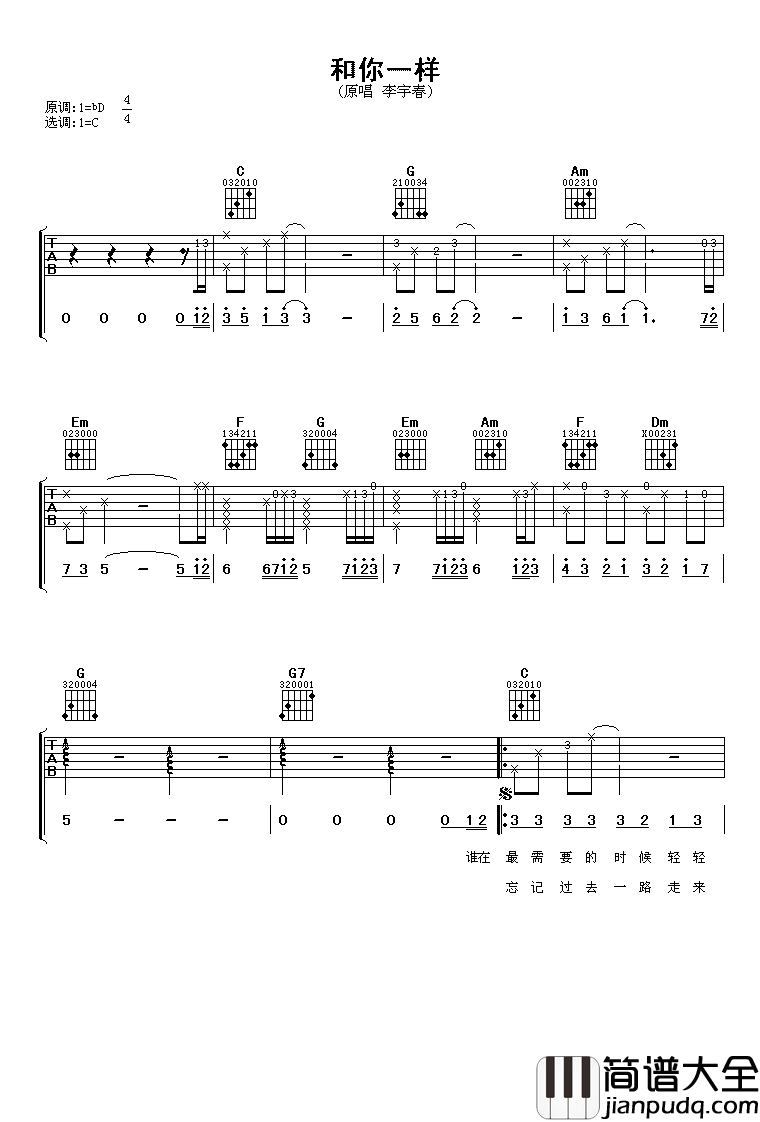 和你一样吉他谱_李宇春_我们都是一样需要拼搏的普通人