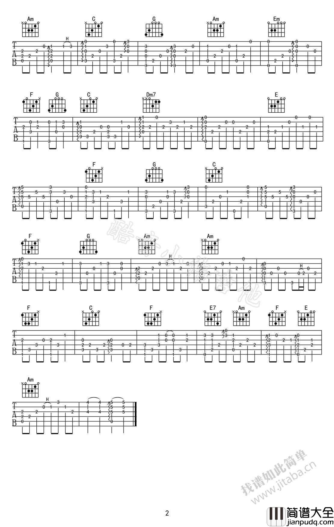 天空之城指弹谱_C调简单版_天空之城吉他谱