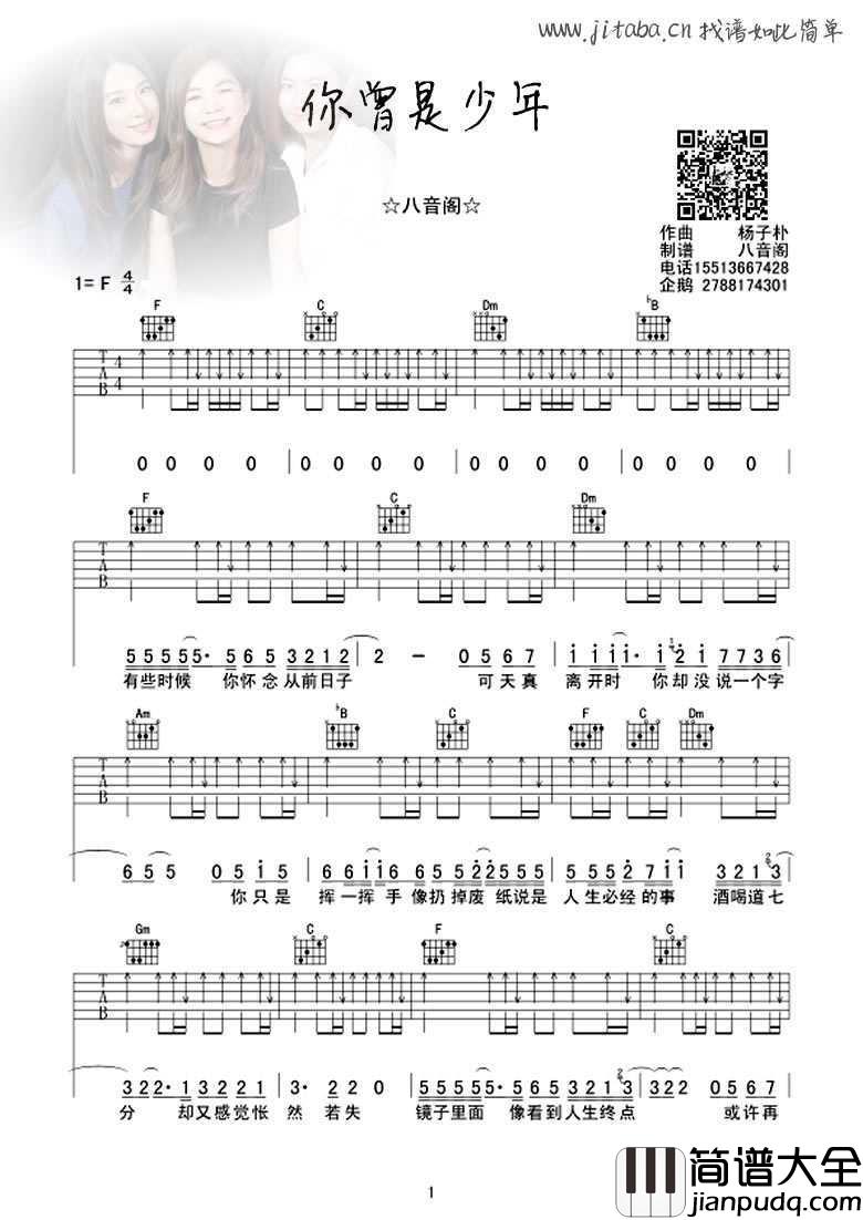 你曾是少年吉他谱_F调_SHE图片