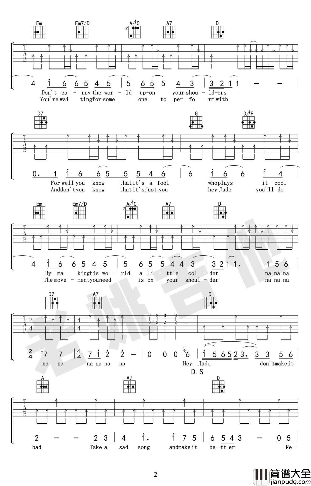 Hey_Jude吉他谱_披头士乐队_D调指法_吉他教学视频