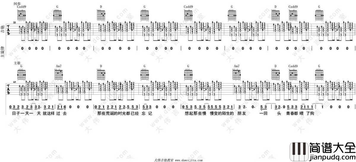 狗日的青春吉他谱_G调指法_贰佰