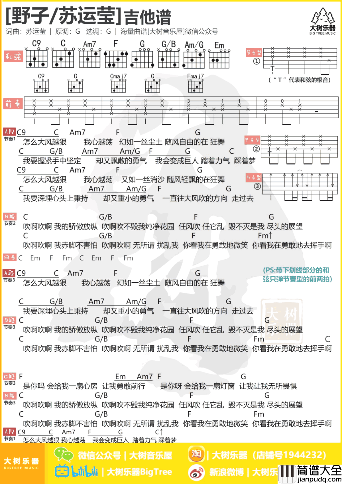 野子吉他谱_G调和弦谱_苏运莹/田馥甄_中国好歌曲_