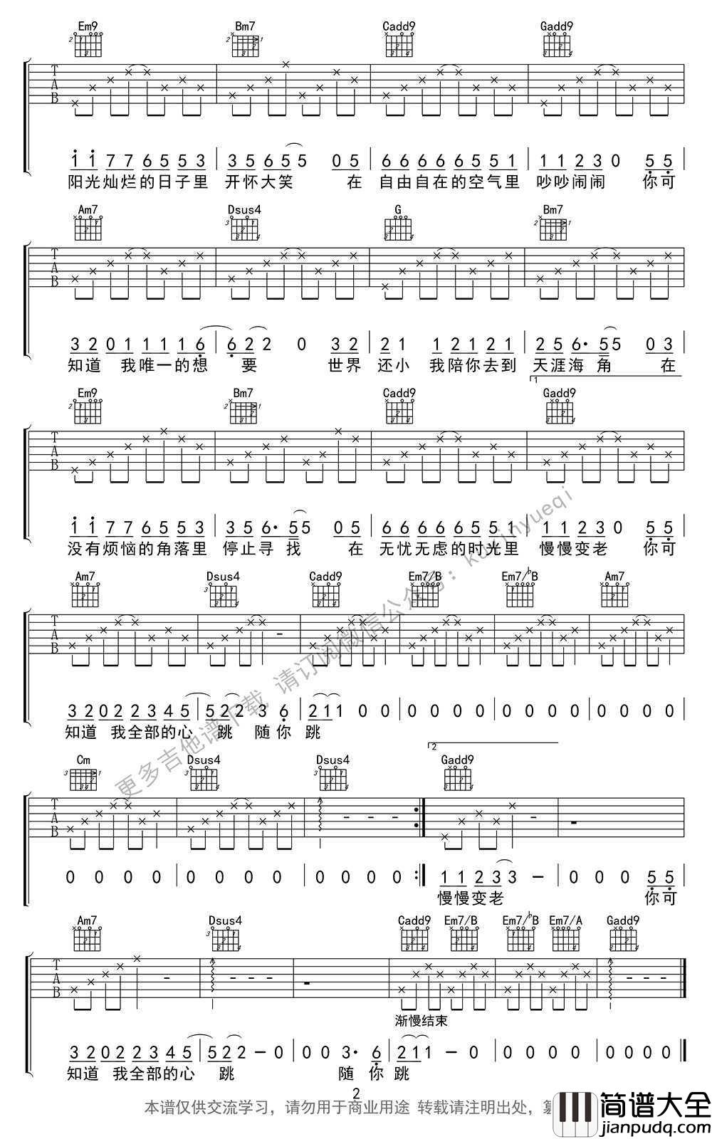 一次就好吉他谱_G调女生版+超原版男生版_简单弹唱谱
