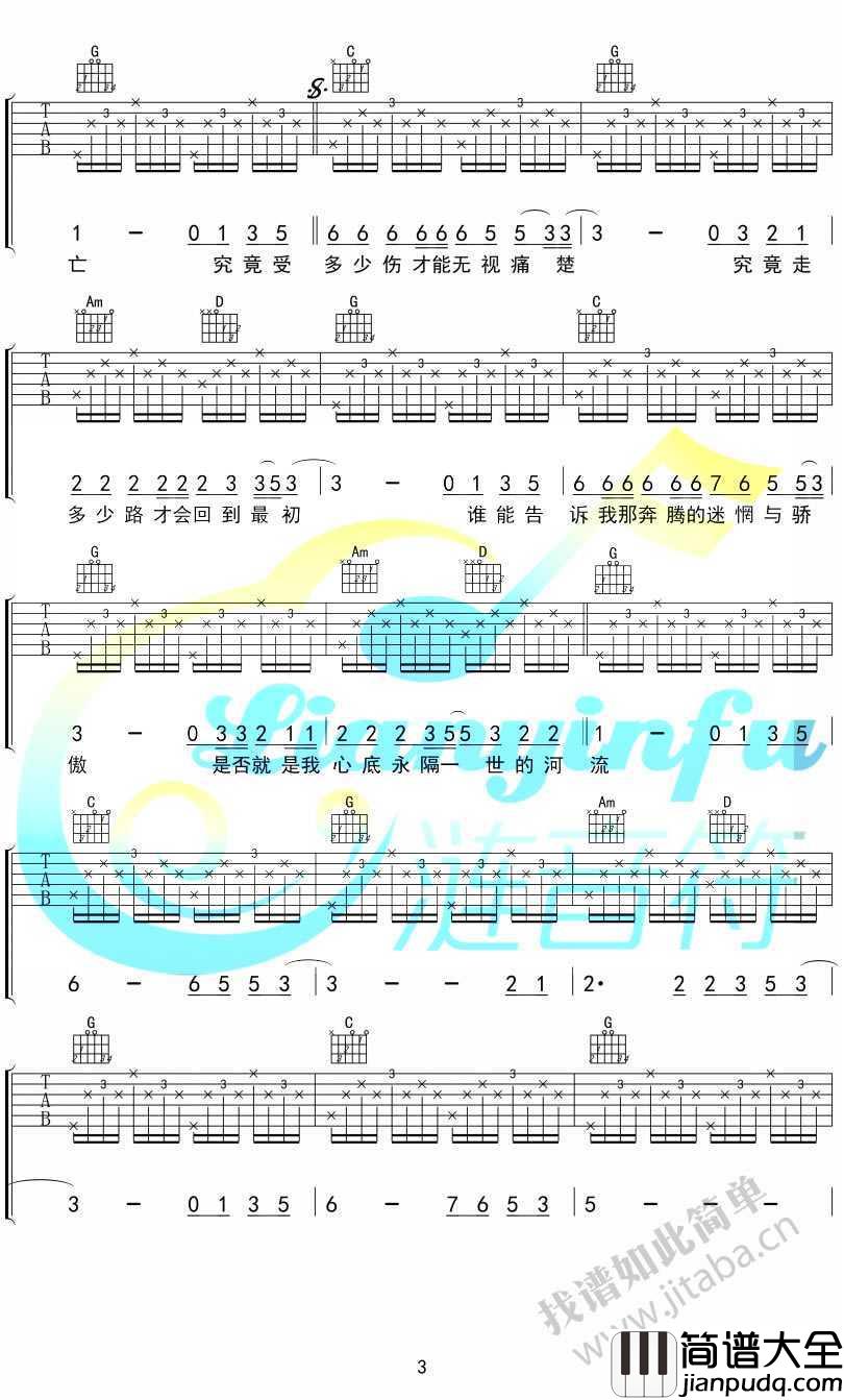 河流吉他谱_汪峰_河流六线谱_高清图片谱