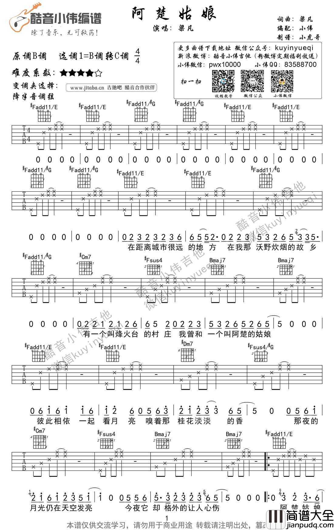 阿楚姑娘吉他谱_梁凡(袁娅维)_阿楚姑娘六线谱