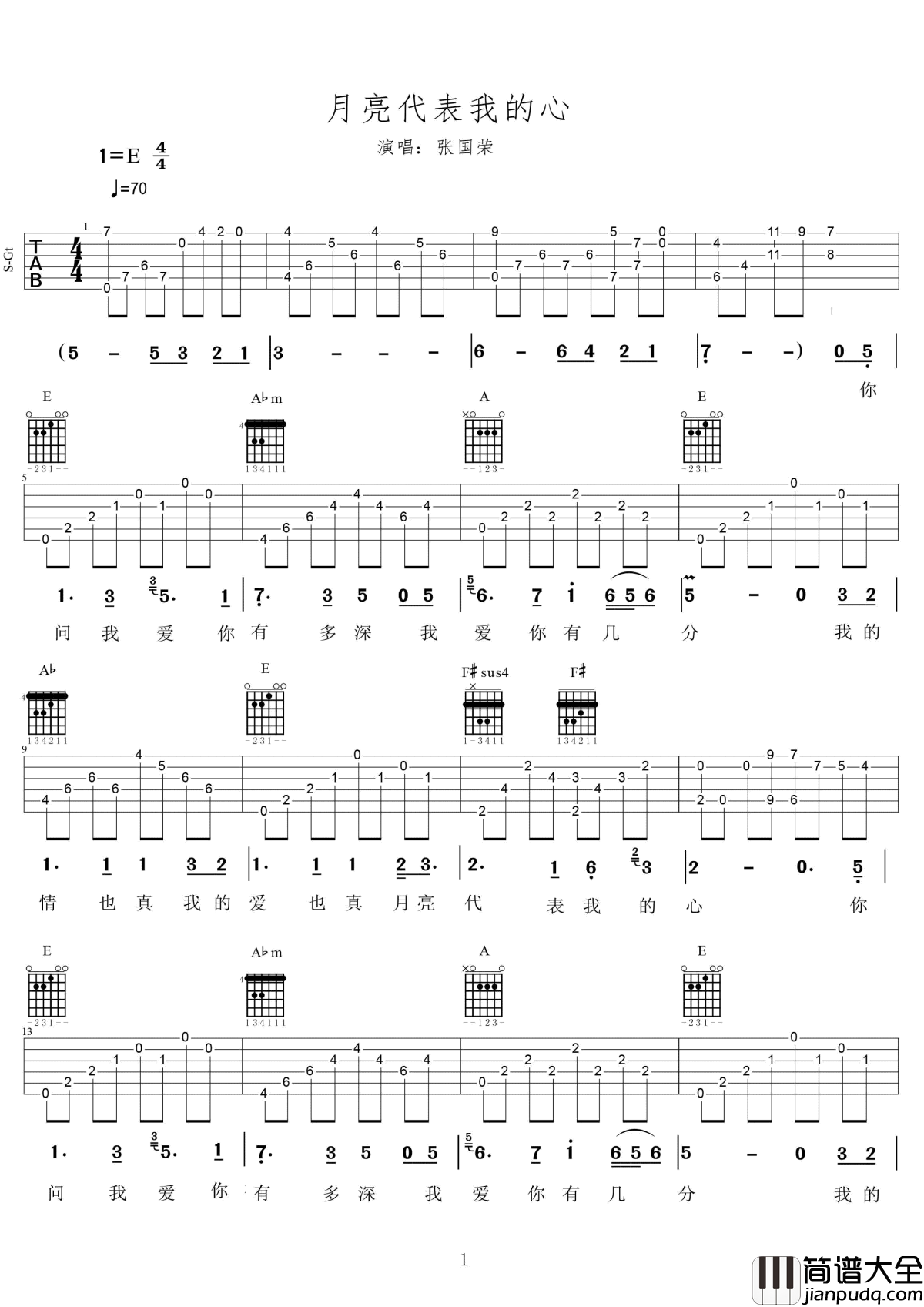 月亮代表我的心吉他谱_张国荣_高清_图片谱