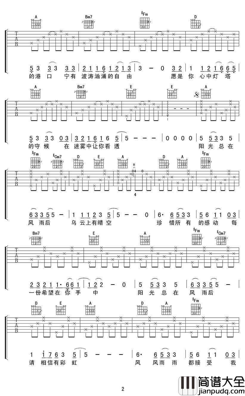阳光总在风雨后吉他谱_许美静_六线谱完整版
