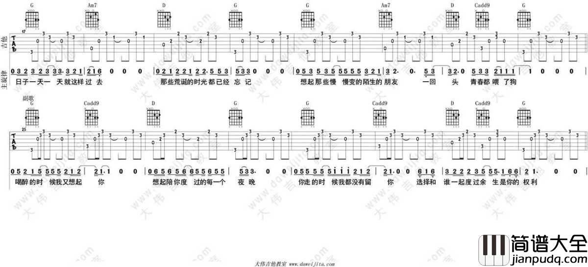狗日的青春吉他谱_G调指法_贰佰