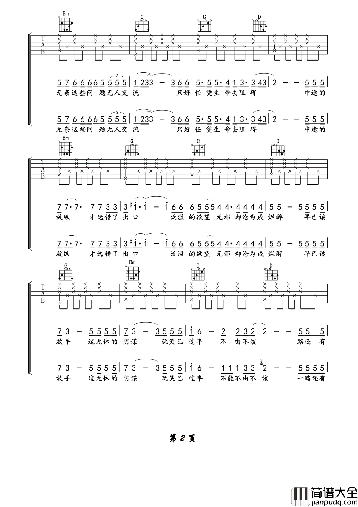 勿忘心安吉他谱_张杰_早已该放手_这无休的阴谋