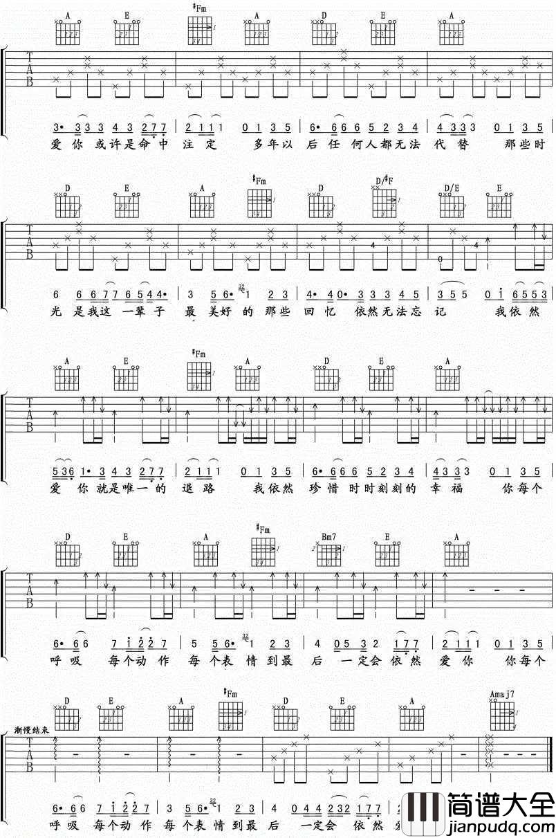 依然爱你吉他谱_王力宏_因为这份爱，每一刻都充满幸福