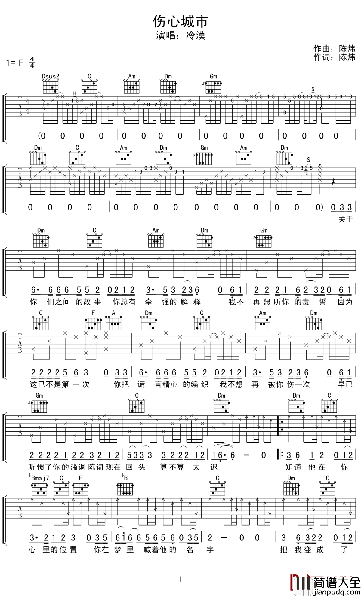 伤心城市吉他谱_冷漠_就让我们背起行囊,离开这个伤心城市