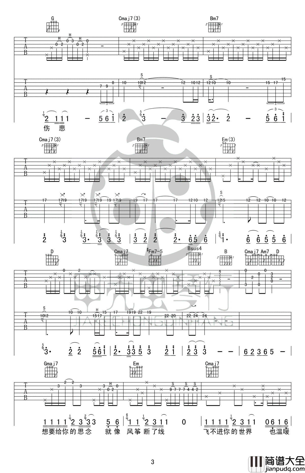 吻别吉他谱_张学友_G调弹唱谱_高清图片谱完整版