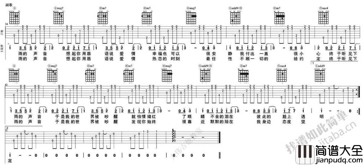 听见下雨的声音吉他谱_关诗敏_原版吉他弹唱教学
