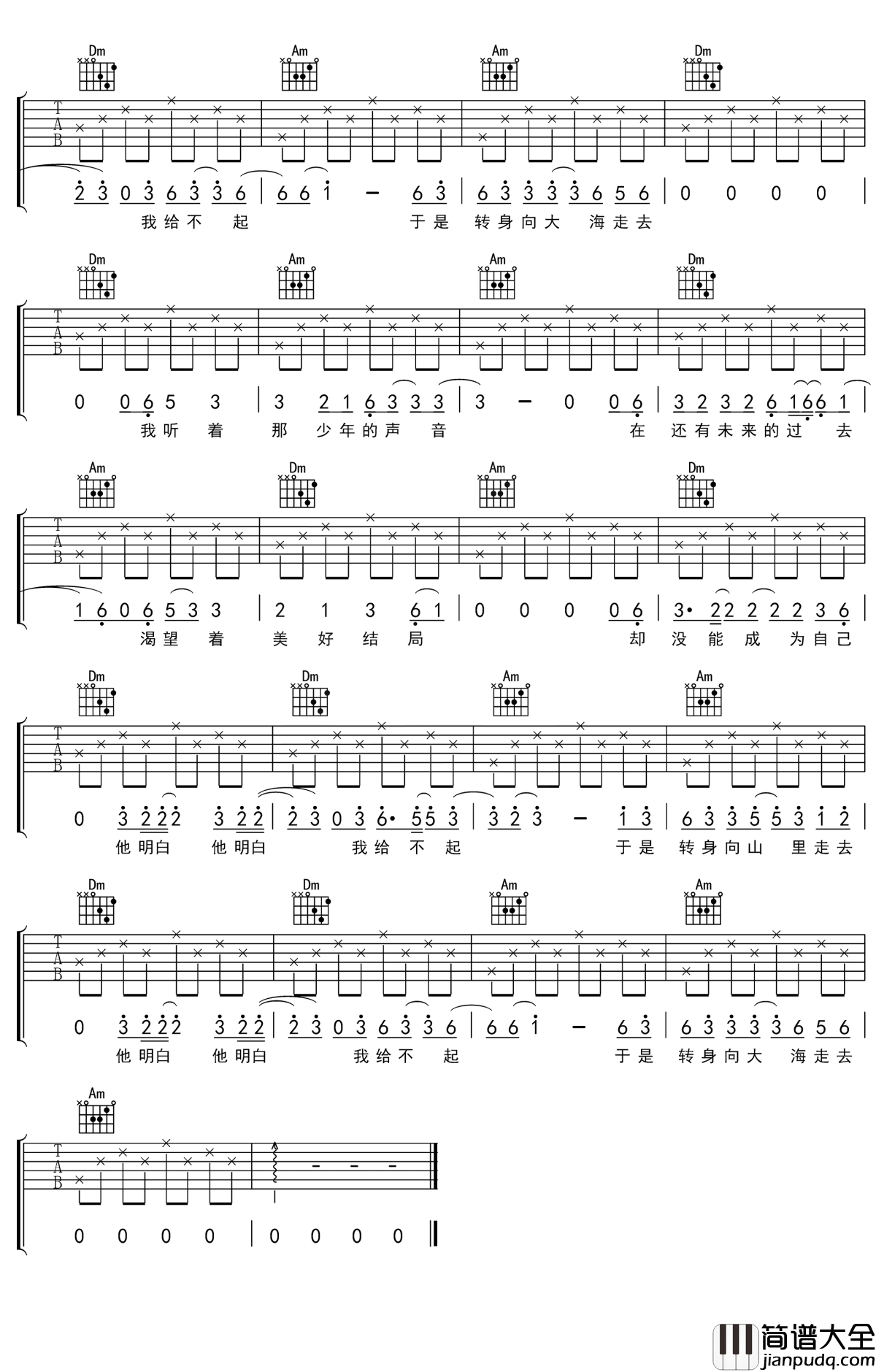 山海吉他谱_草东没有派对_不羁的背后是对现实，对命运的妥协和无奈