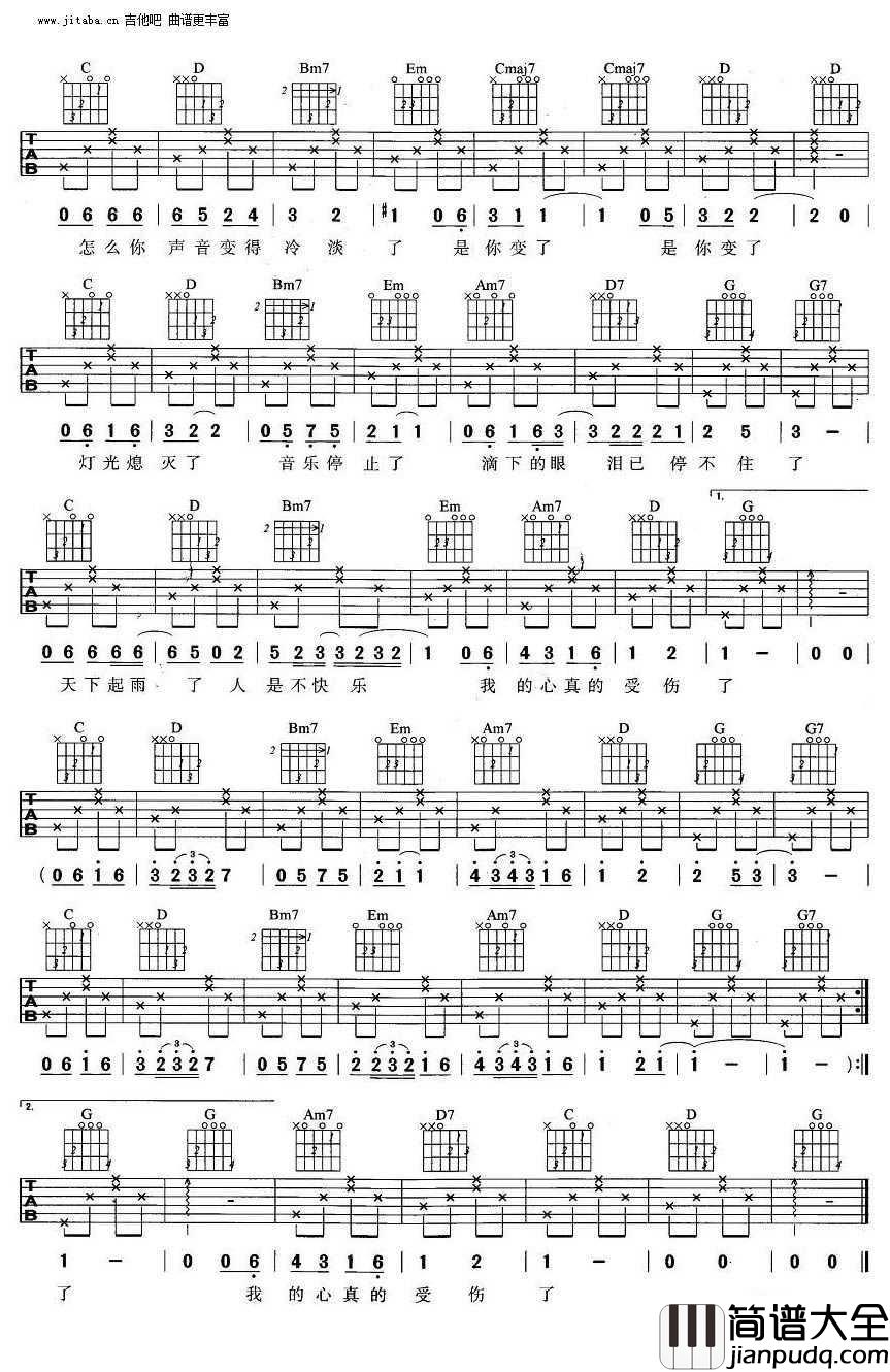 我真的受伤了吉他谱_G调吉他_张学友
