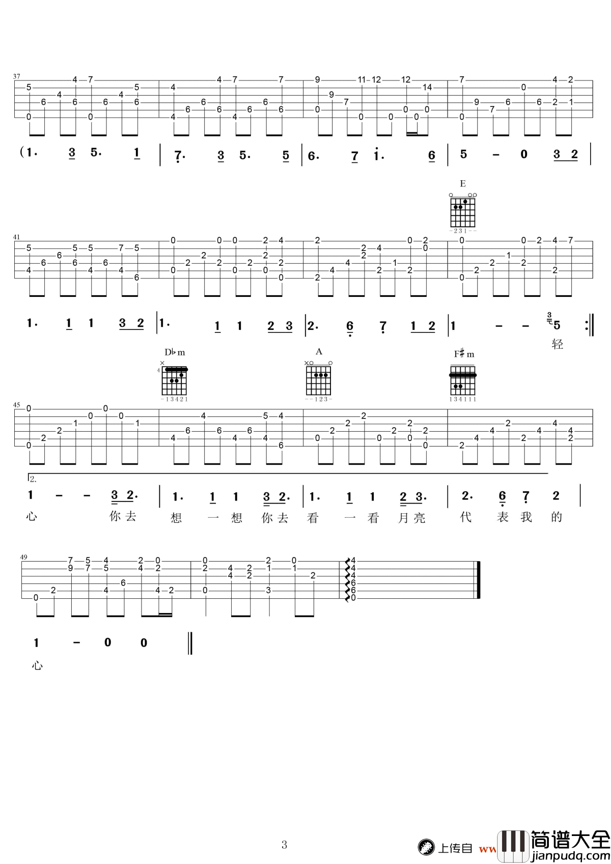 月亮代表我的心吉他谱_张国荣_高清_图片谱