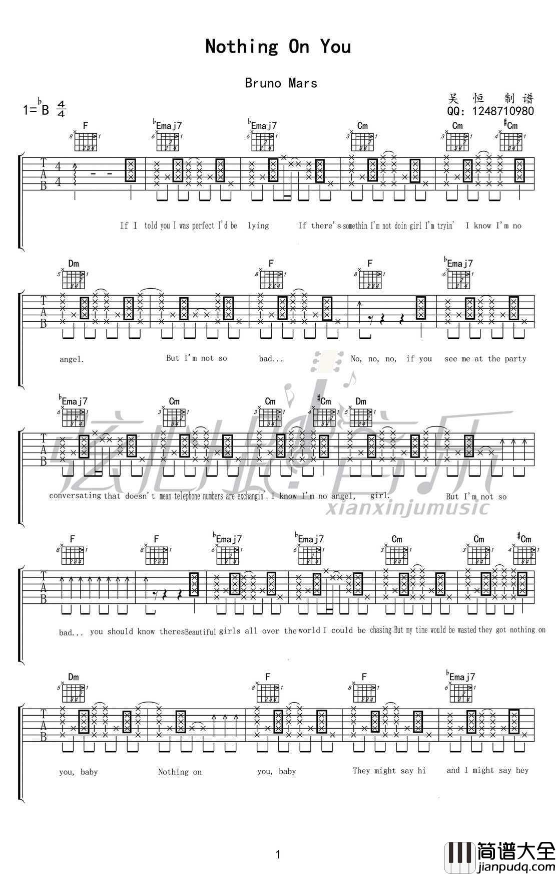nothing_on_you吉他谱_Bruno_Mars_吉他弹唱