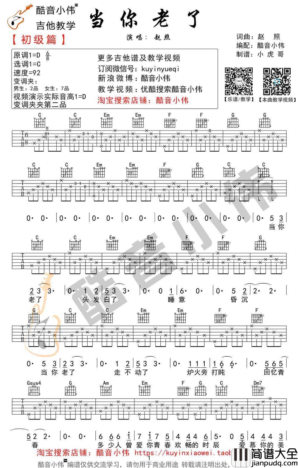 当你老了吉他谱_赵照_当你老了_吉他弹唱教学