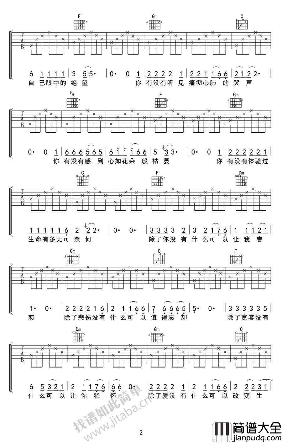 硬币吉他谱_F调指法_汪峰_高清图片谱