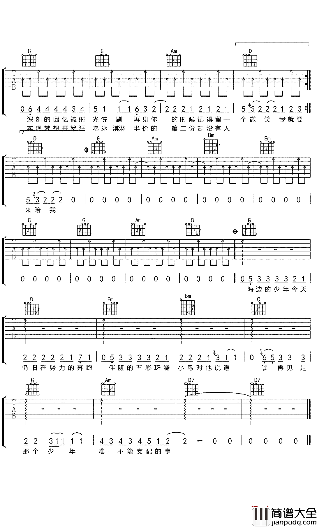 哗啦啦少年再见吉他谱_焦迈奇_每个人都会拥有，每个人也都会说和它再见
