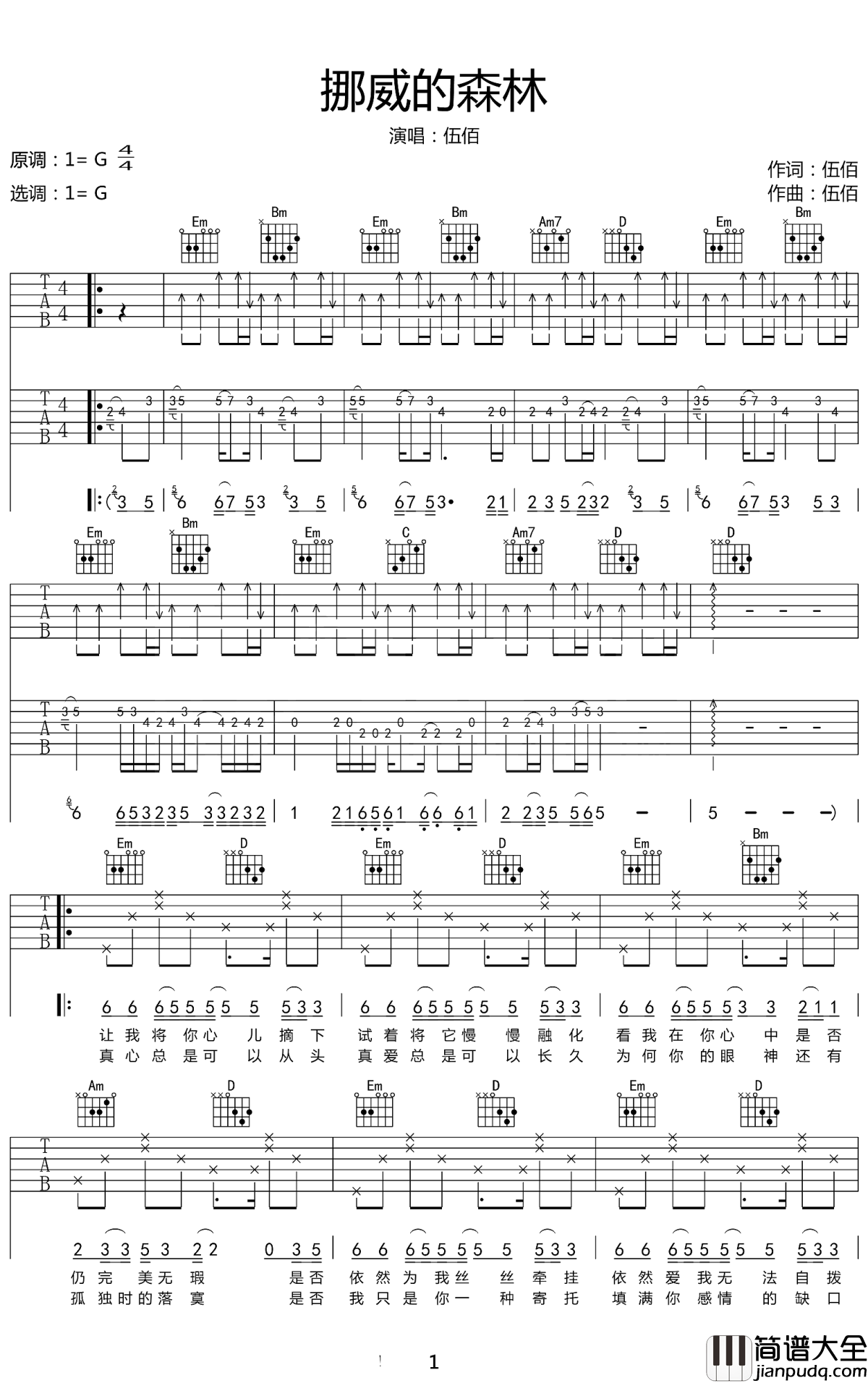 挪威的森林吉他谱_伍佰_亲爱的，你心中森林的枷锁该如何才能解脱