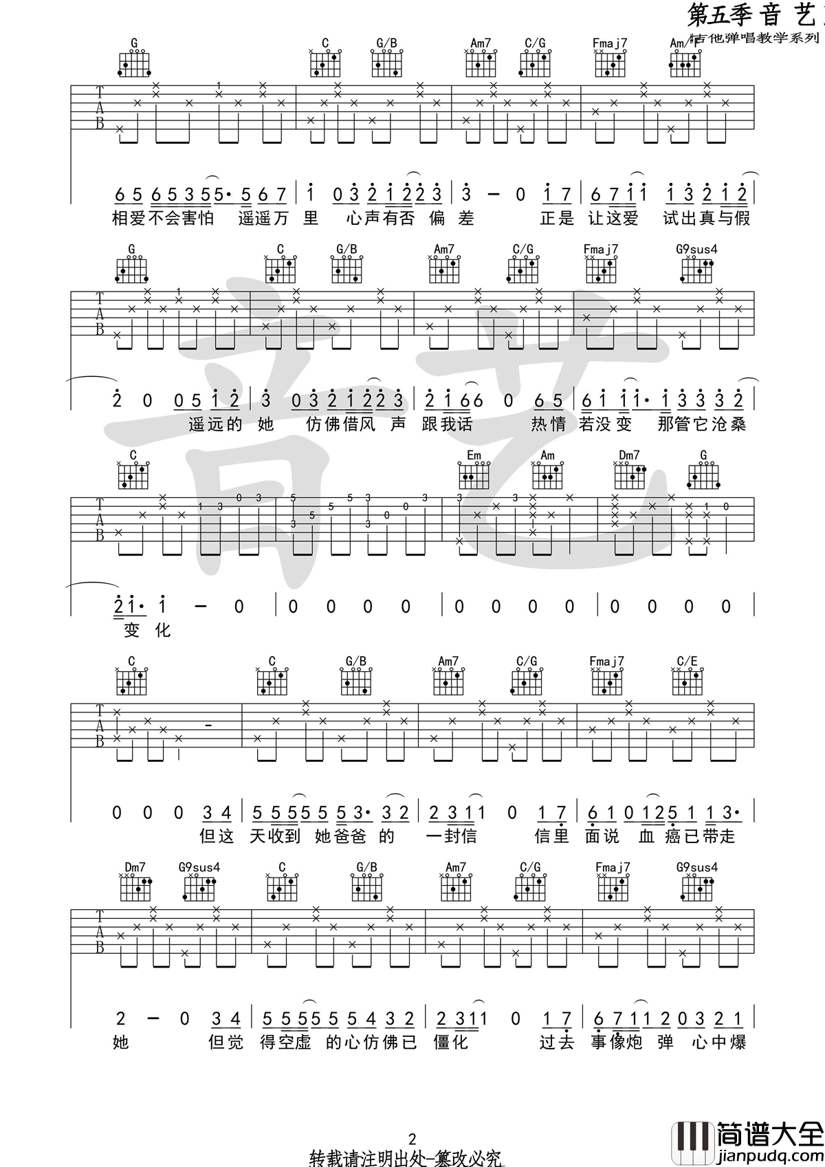 遥远的她_吉他谱_C调指法编配_张学友高清版