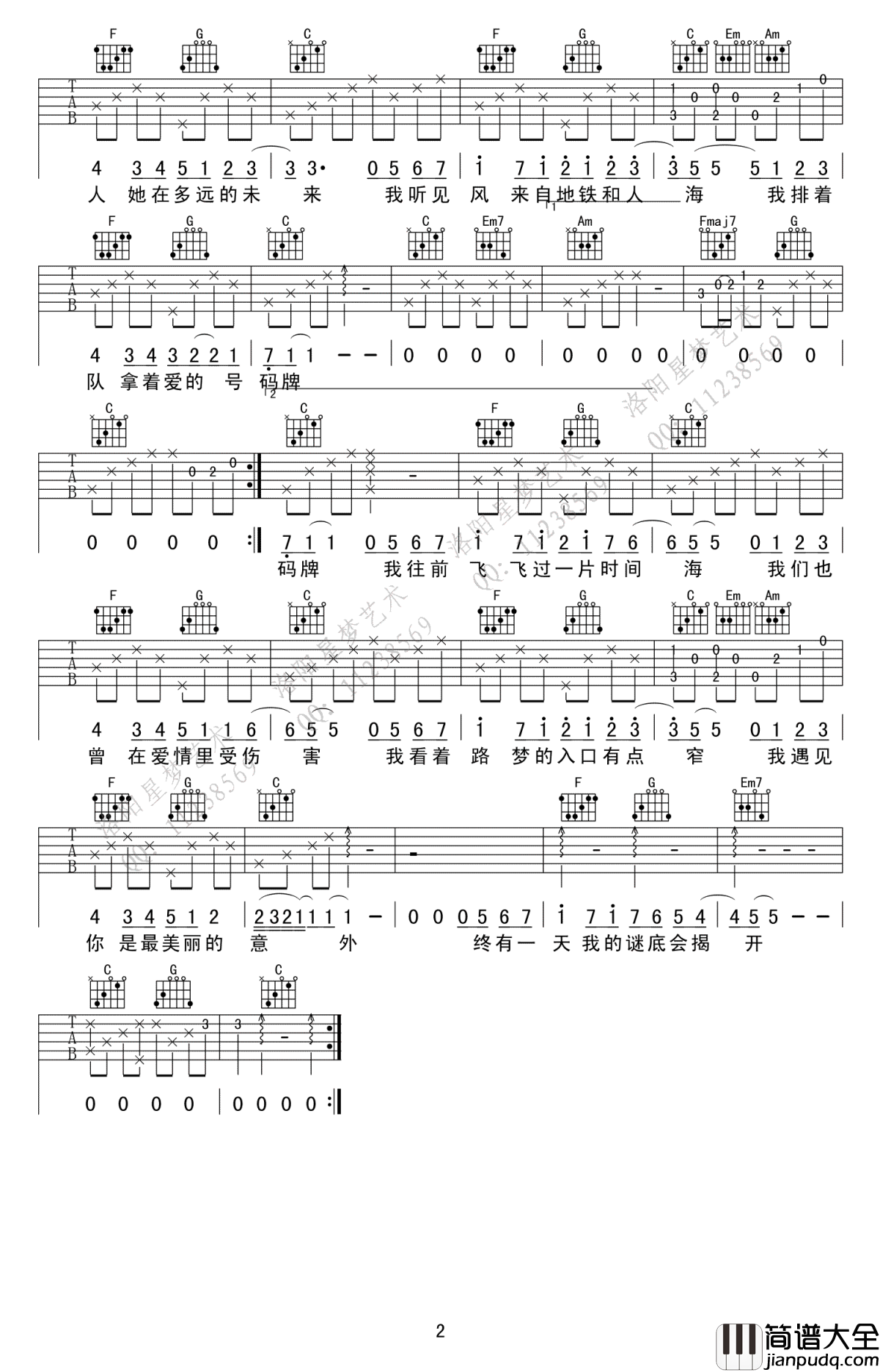 遇见吉他谱_孙燕姿_C调男生版_遇见