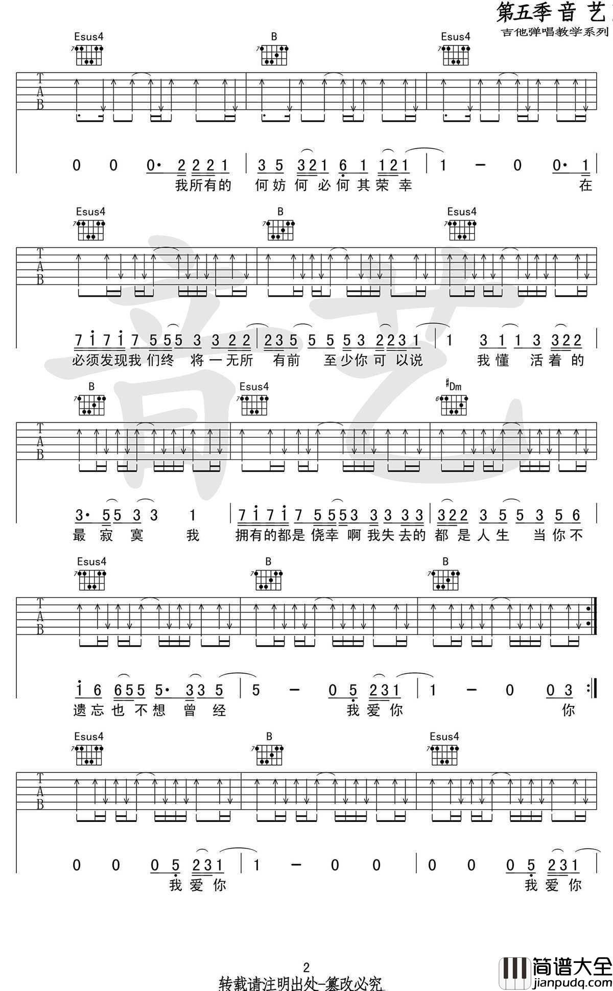 关于我爱你吉他谱_张悬_高清版_