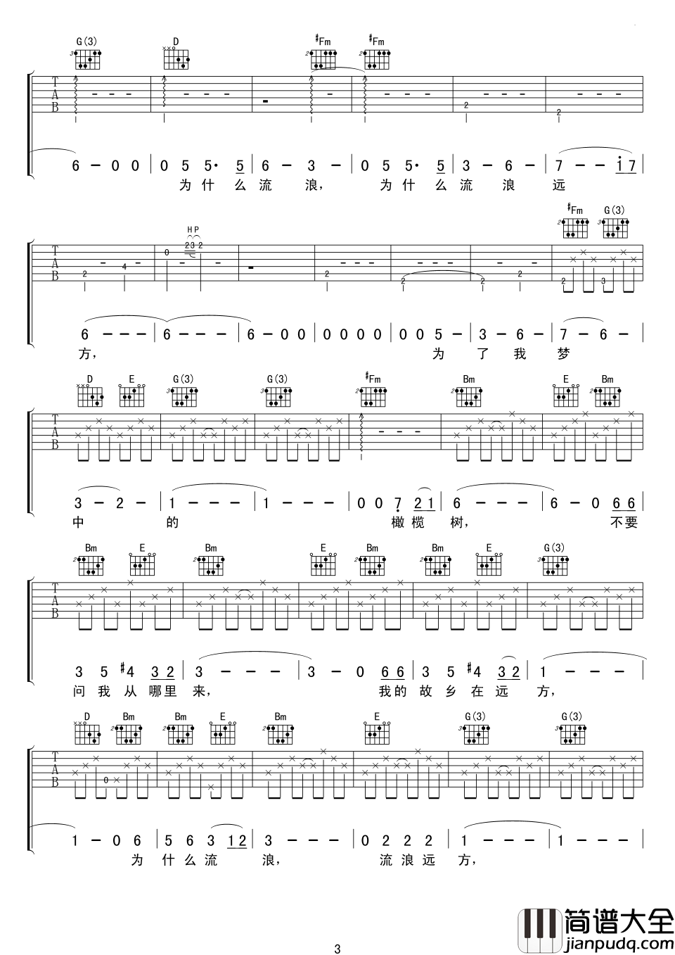 橄榄树吉他谱_齐豫_不要问我从哪里来
