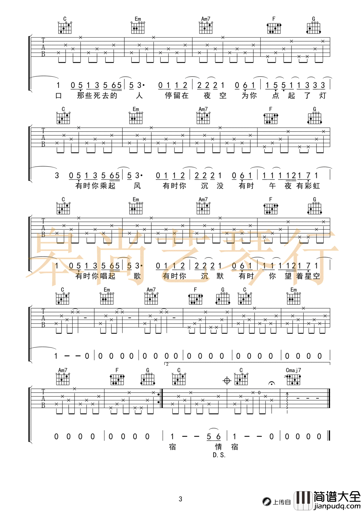 猎户星座吉他谱_C调简单版_朴树_高清