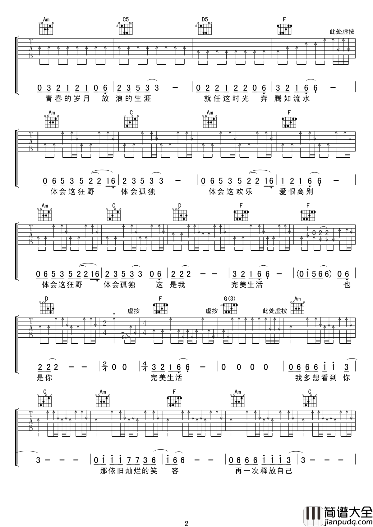 完美生活吉他谱_许巍_那依旧灿烂的笑容