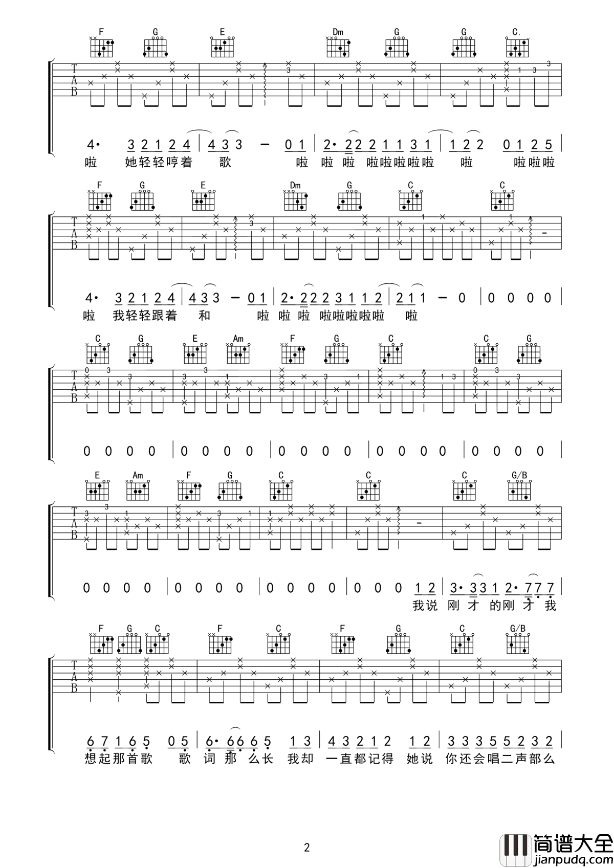 她说每个人的心中都有一首歌吉他谱_陈小熊_那时爱的人_曾为你哼唱过