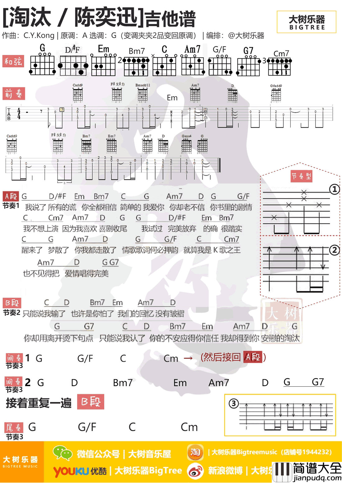 淘汰吉他谱_陈奕迅_G调指法_吉他教学视频
