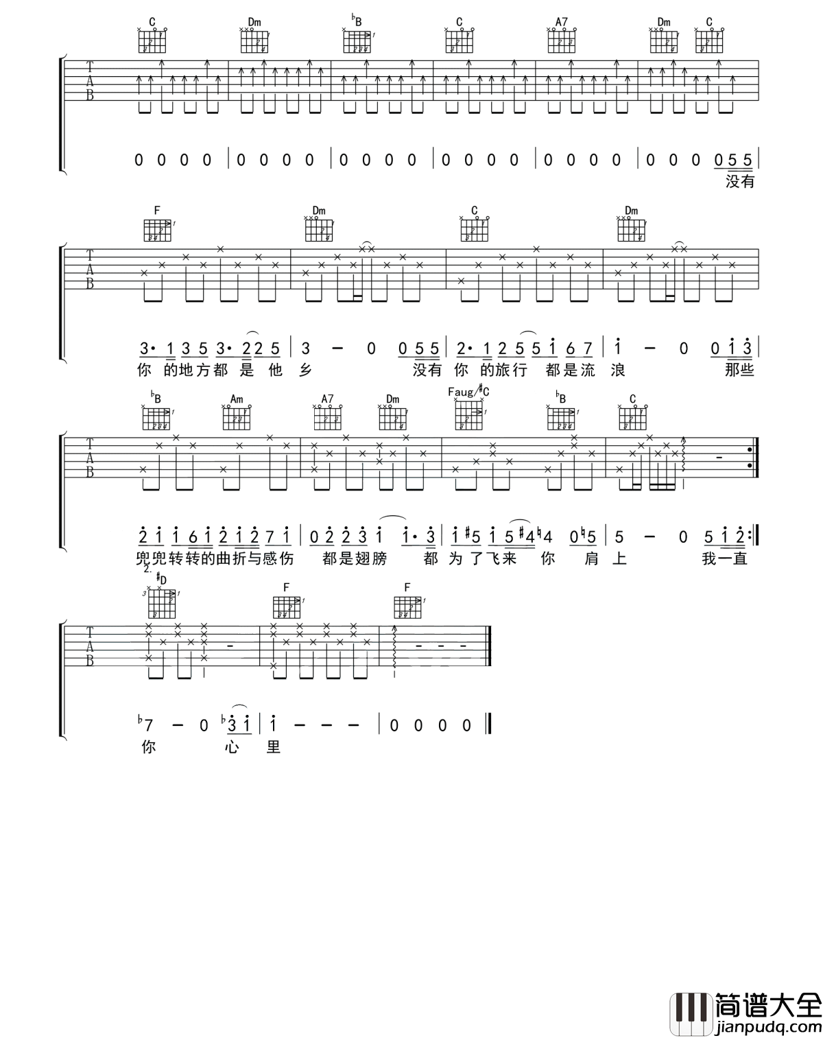 你在终点等我吉他谱_王菲_从彼此的全世界路过，最后却各自天涯