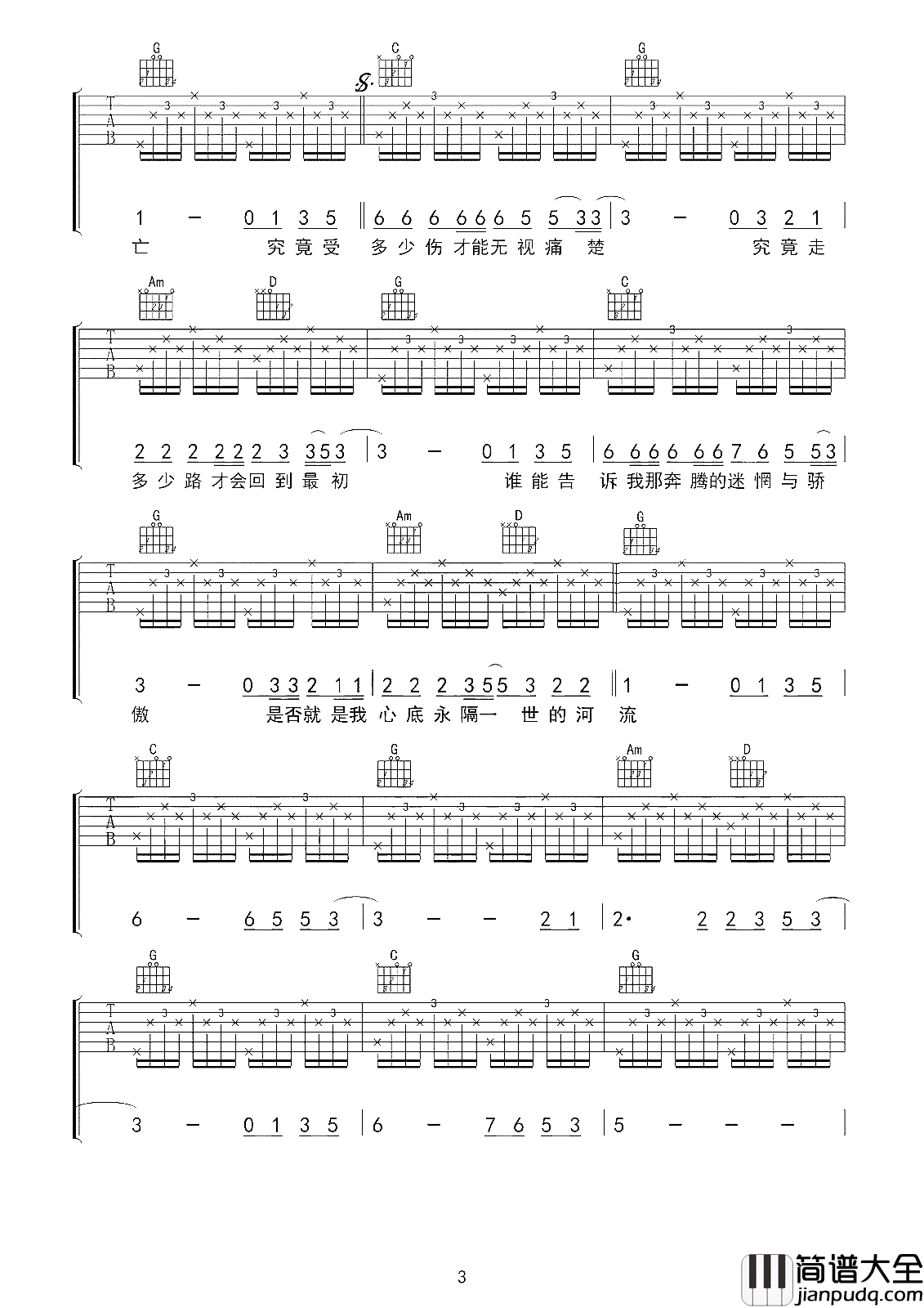 河流吉他谱_汪峰_人生是一条缓缓流淌的河流