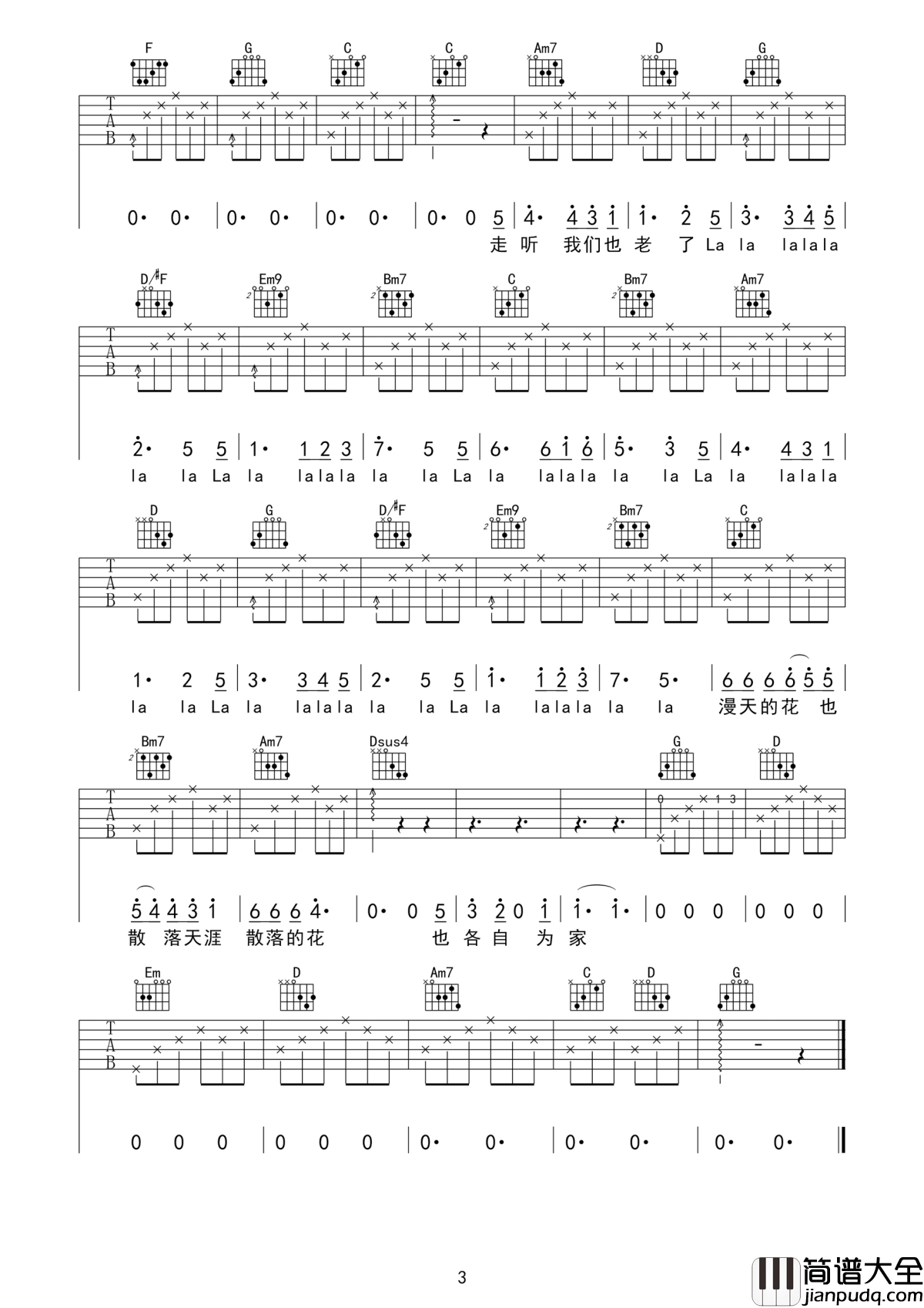 花落知多少吉他谱_倪健_睁开眼吧去看那古老的枝芽__散落的花也各自为家