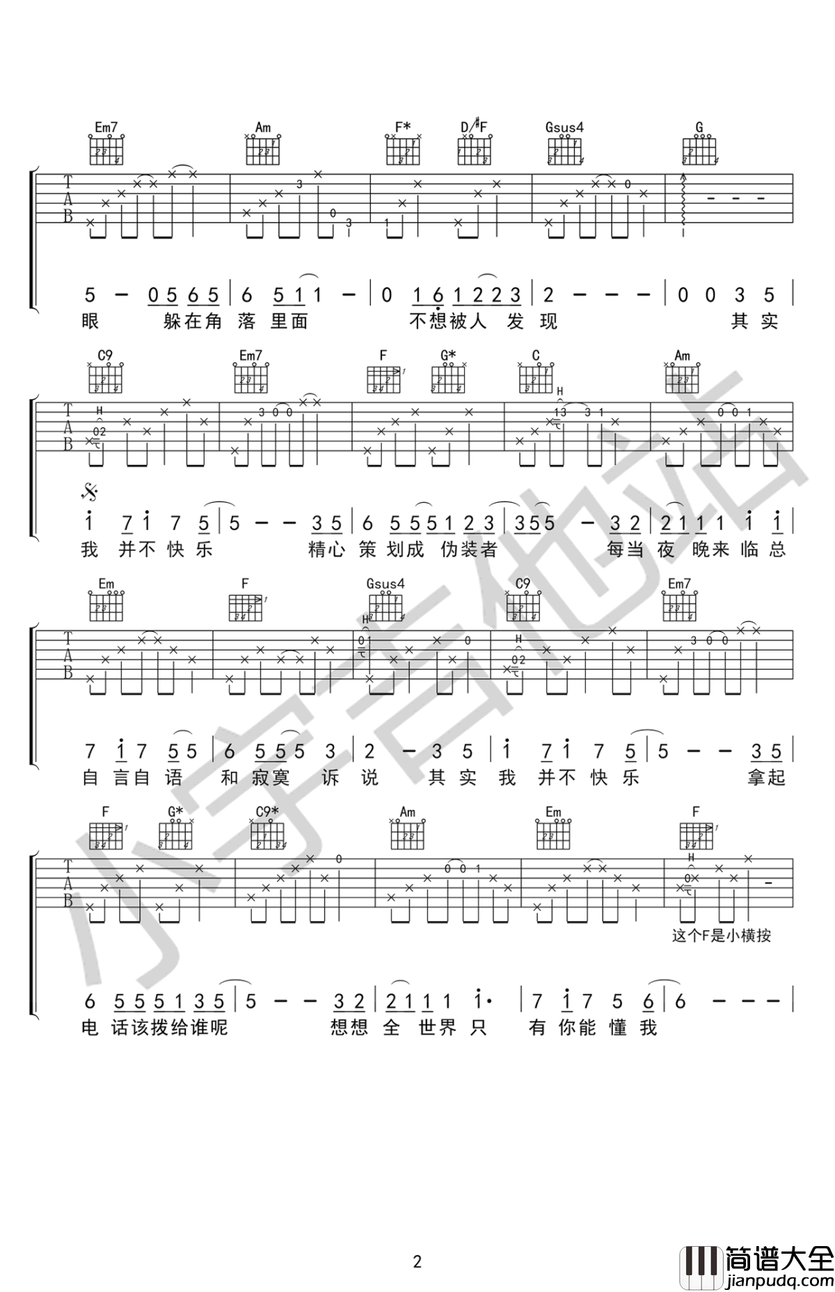 其实我并不快乐吉他谱_C调原版_李安_高清