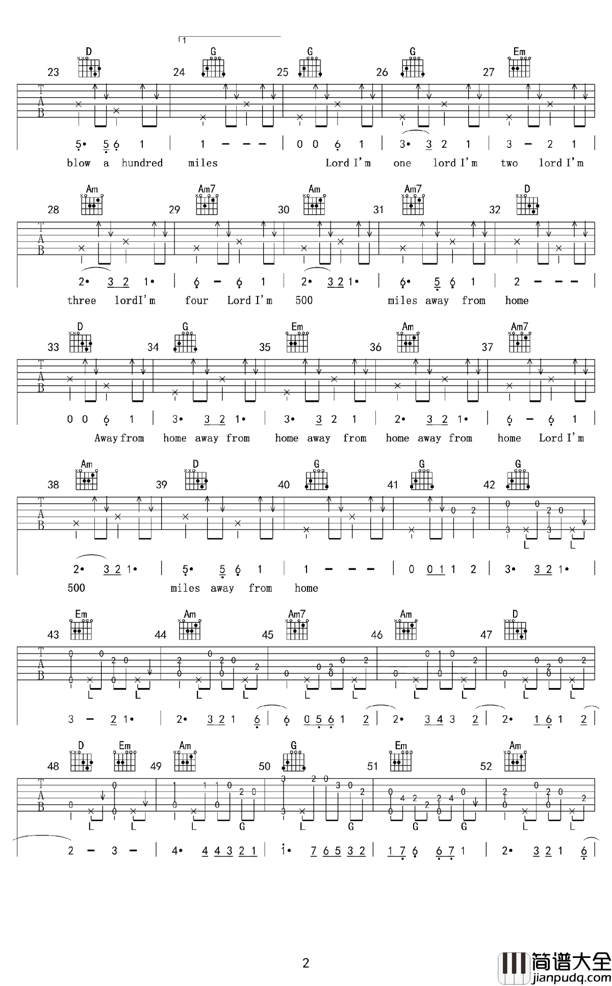 500miles吉他谱_醉乡民谣_我和你只是间隔500英里