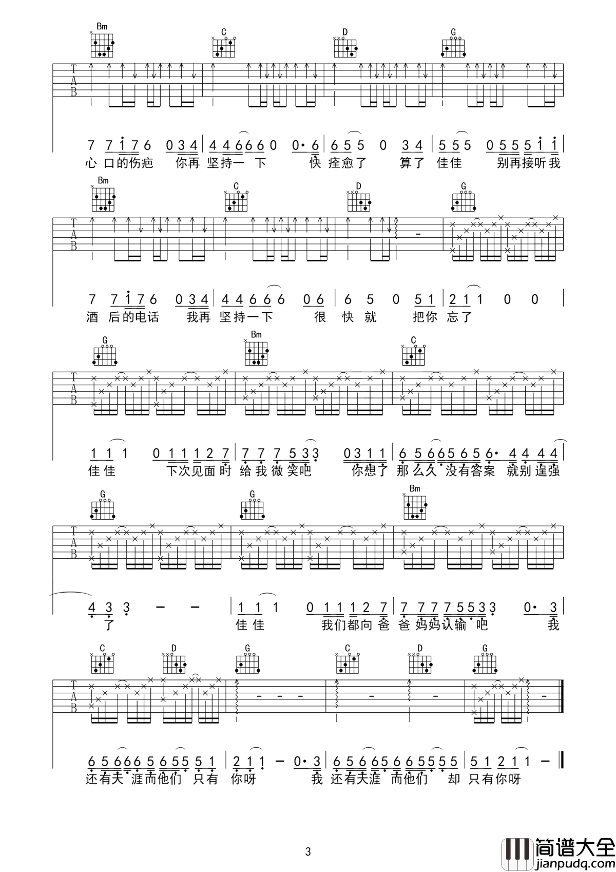 佳佳吉他谱_张晏铭_佳佳，我们都向爸爸妈妈认输吧