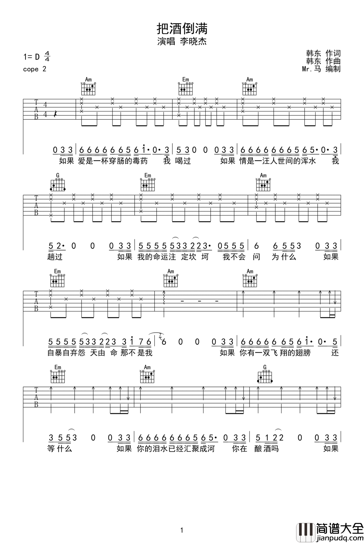 把酒倒满吉他谱_李晓杰_高清_图片谱
