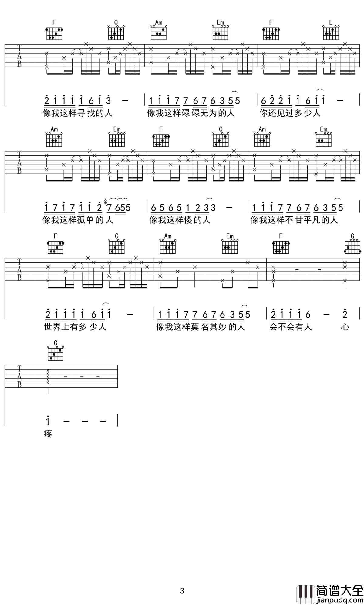 像我这样的人吉他谱_毛不易_费尽全力，也只是个普通人