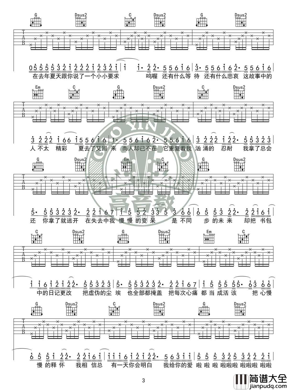 去年夏天吉他谱_G调入门版_王大毛_高音教编配_1