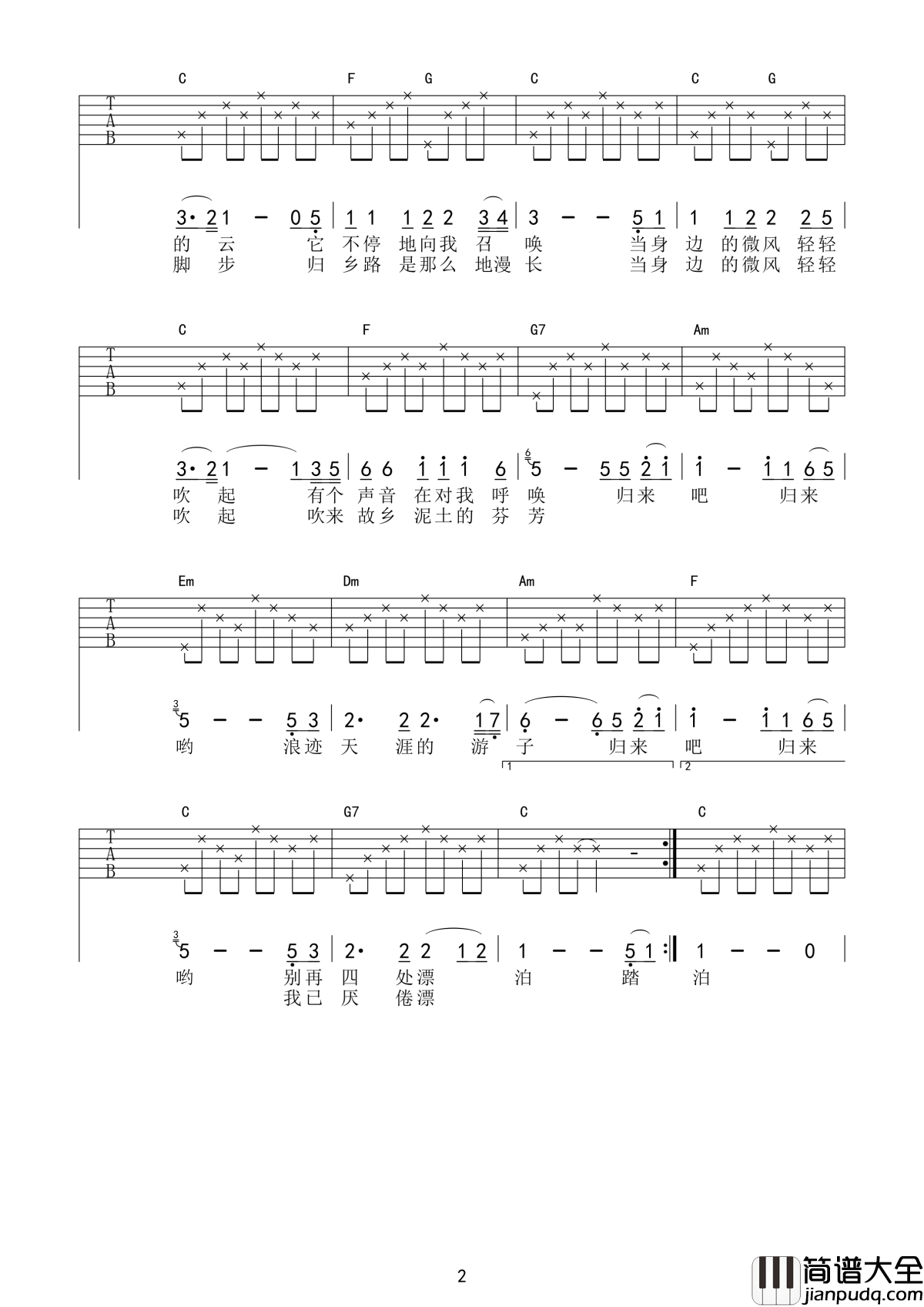 故乡的云吉他谱_费翔_当年打动了多少漂泊的人