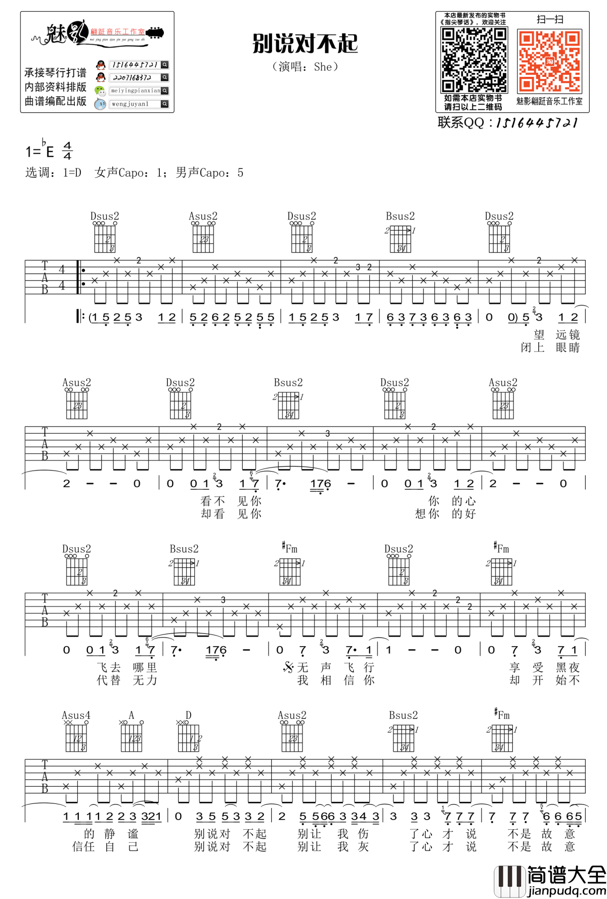 别说对不起吉他谱_D调_SHE