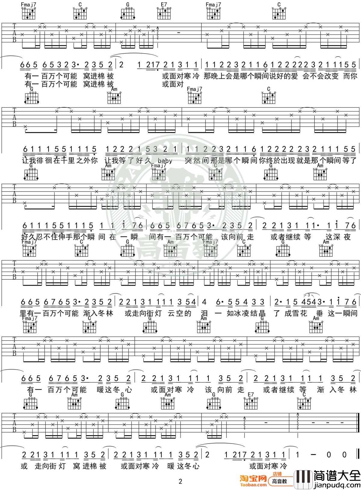 一百万个可能吉他谱_C调入门高清版_克丽丝汀_高音教编配_1
