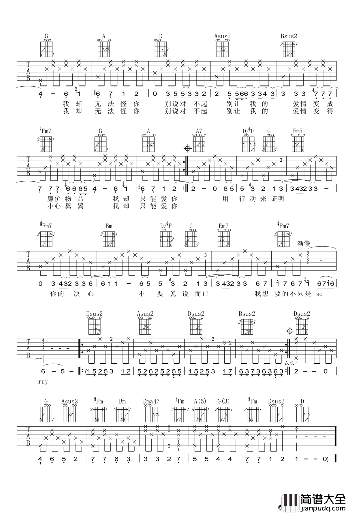 别说对不起吉他谱_D调_SHE