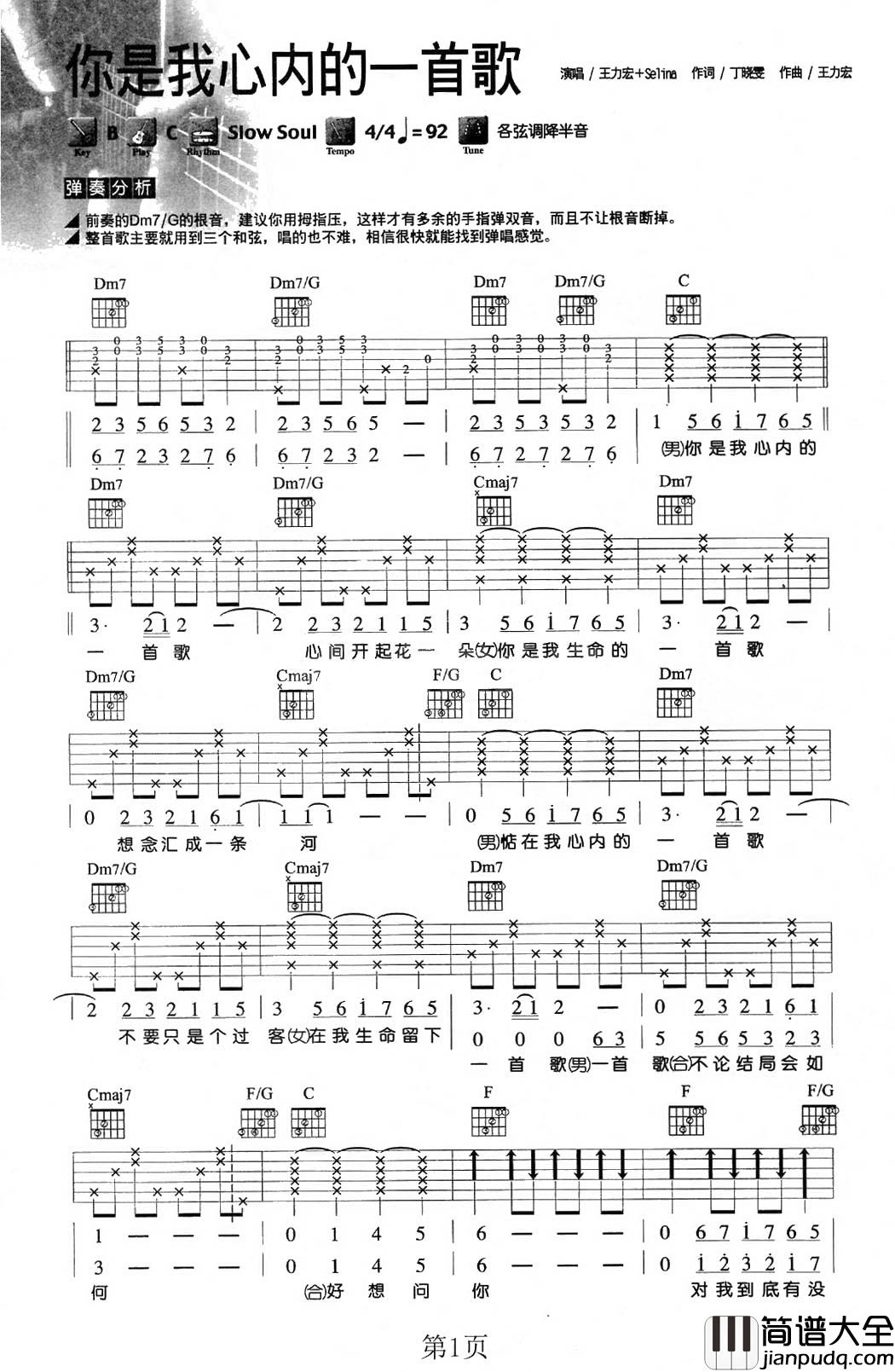 你是我心内的一首歌吉他谱_王力宏_-_Selina_世间一切只因有你存在