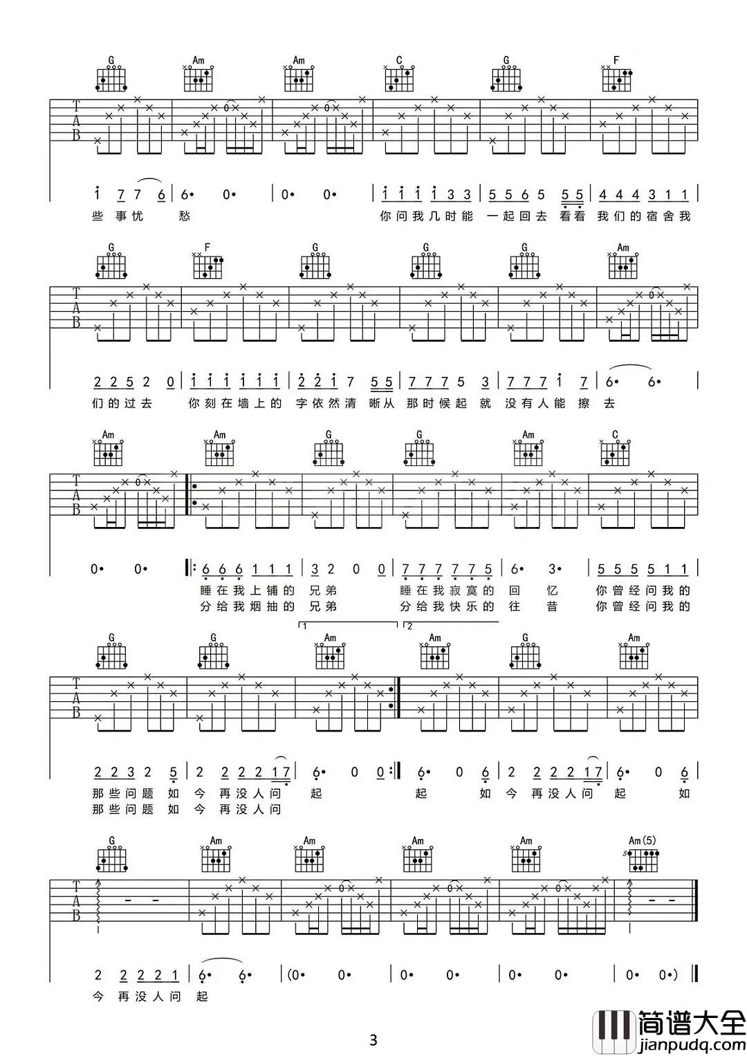 睡在我上铺的兄弟吉他谱_老狼_睡在我上铺的兄弟__睡在我寂寞的回忆