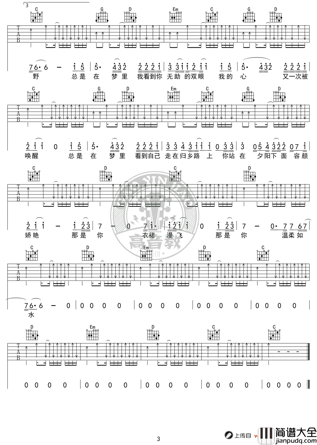 故乡吉他谱_许巍_G调标准版_吉他弹唱教学视频